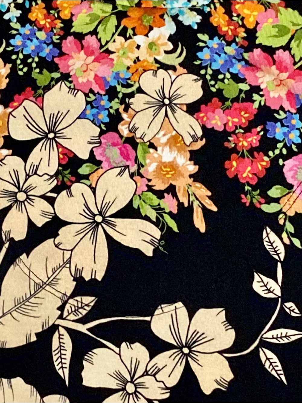 Johnny Was Redland Favorite Top Black Base Cream Floral Print Multi Color Border - Picture 6 of 12